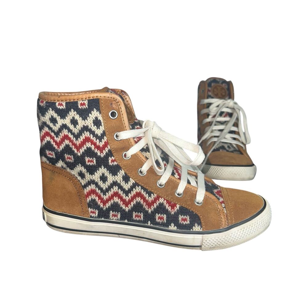 Tory Burch Fair Isle Wool Suede High Top Sneakers Brown Size 8M Cozy Luxe